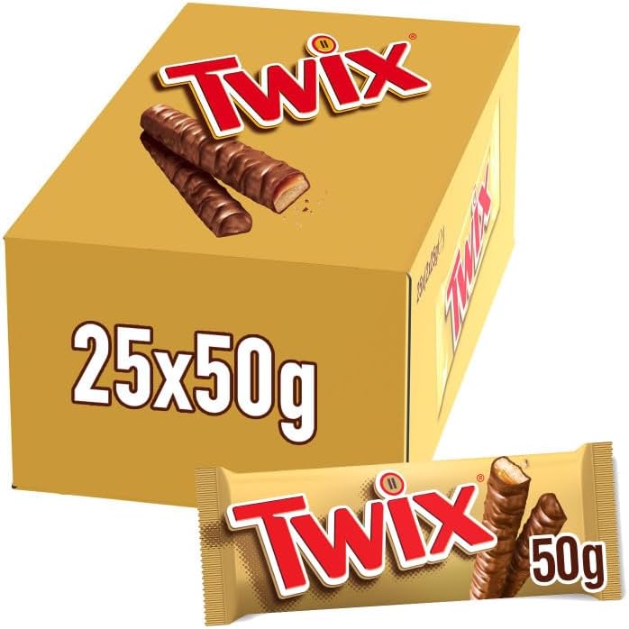 Twix Chocolatina con Galleta crujiente y suave caramelo recubiertos de chocolate con leche (25 x 50g)