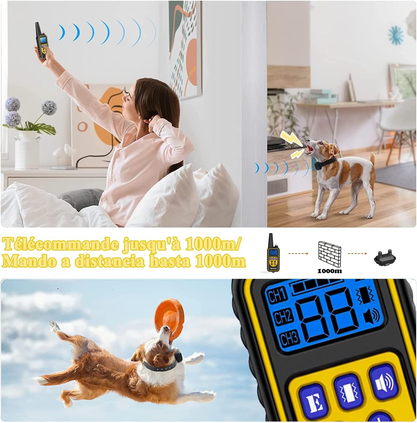 Hundetrainingshalsband, wiederaufladbar und IP67 wasserdicht mit einer Reichweite von 1000 m mit 99 Vibrationsstufen,...