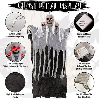 Fantasma Colgante de Halloween,130CM Fantasma Esqueleto Colgante con Tres Cabezas, Fantasmas de decoración de Bruja al Aire Libre,para Pared Patio,jardín,...