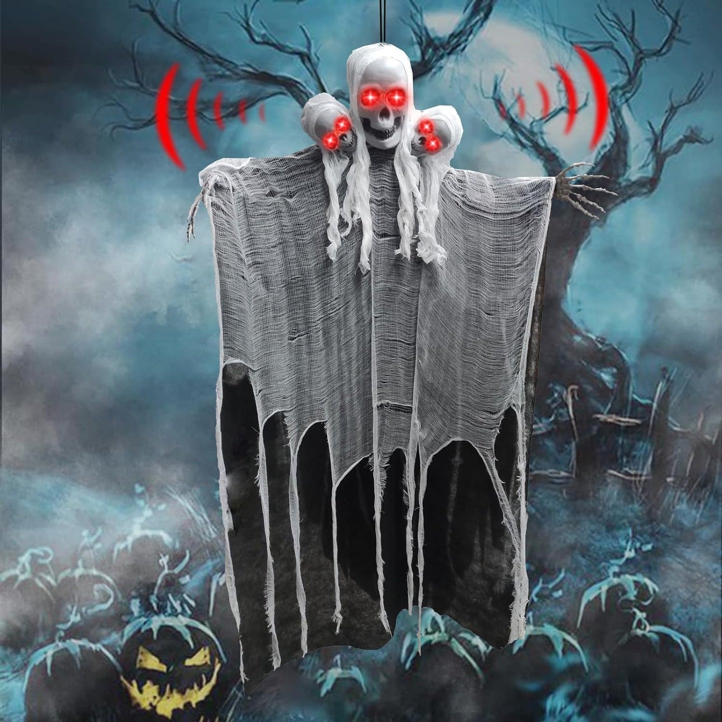 Fantasma sospeso di Halloween, Fantasma scheletro sospeso da 130 cm con tre teste, Fantasmi decorativi per streghe all'aperto, per patio a parete, giardino,...