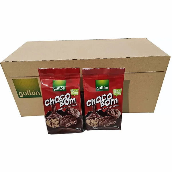 ChocoBom Chocolate con leche caja 12 bolsas de 100 gramos galletas Gullón