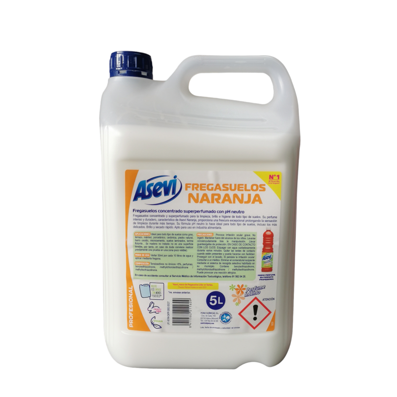 Fregasuelos Asevi Naranja 5l.Asevi fregasuelos naranja profesional. Formulado especialmente para higienizar