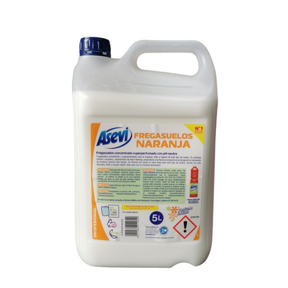 Fregasuelos Asevi Naranja 5l.Asevi fregasuelos naranja profesional. Formulado especialmente para higienizar