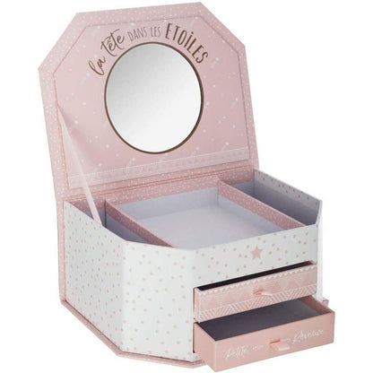 Joyero infantil con espejo en color rosa|l. 21,6 x p. 16,3 x h. 10,4 cm